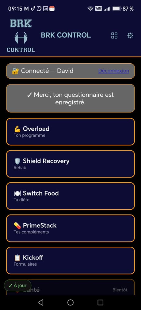 Accueil de l'appli BRK Control : programme, rehab, diète, compléments